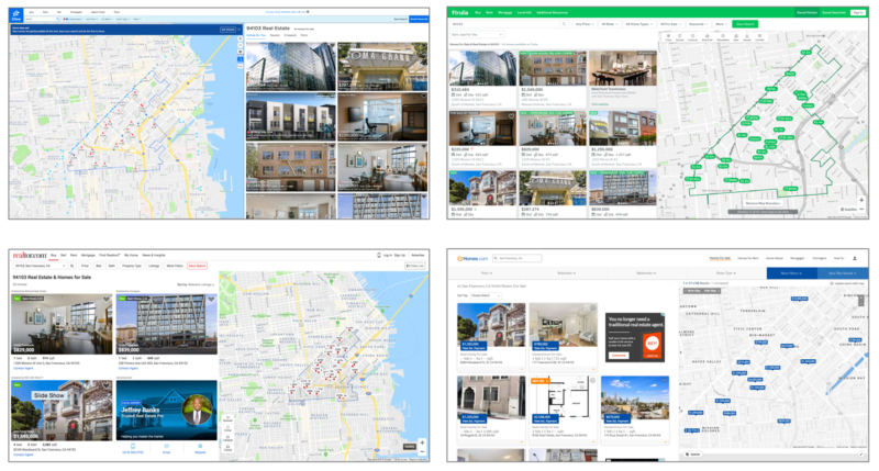 左上Zillow、右上Trulia、左下Realtor.com、左下Homes.comの検索結果一覧
