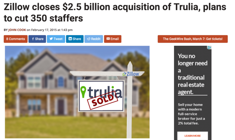 ZillowによるTruliaの買収完了と統合によるリストラを伝えるニュース