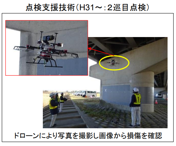 ドローンによる点検はトンネル・橋梁・線路・発電所など幅広く活用されており、国土交通省でも橋梁などの定期点検にドローンを活用している。